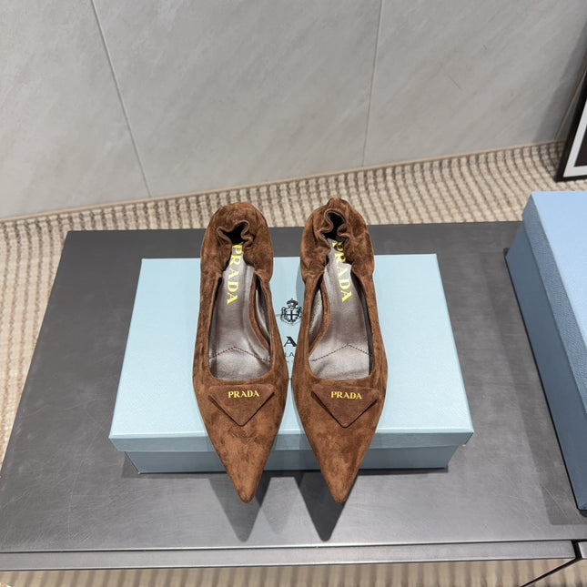 PRADA 26S PUMPS 55MM IN BROWN SUEDE WITH LOGO