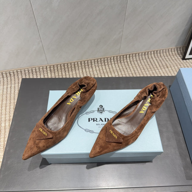 PRADA 26S PUMPS 55MM IN BROWN SUEDE WITH LOGO