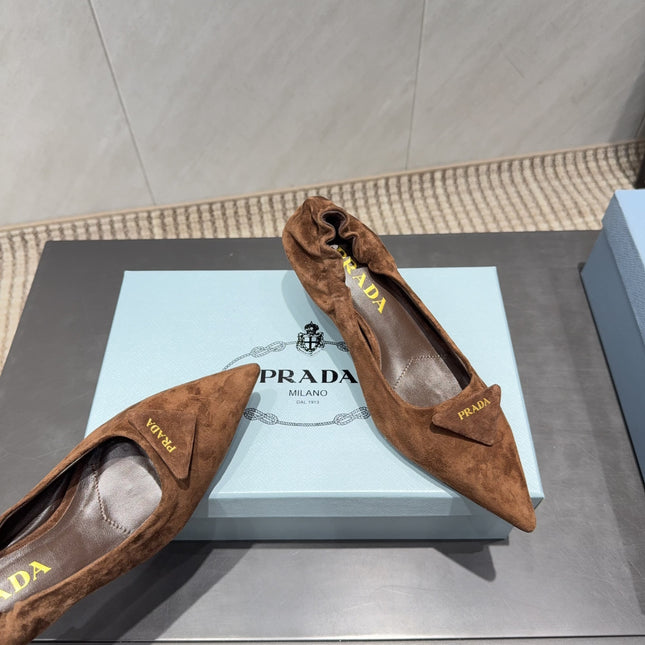 PRADA 26S PUMPS 55MM IN BROWN SUEDE WITH LOGO