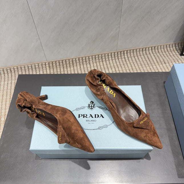PRADA 26S PUMPS 55MM IN BROWN SUEDE WITH LOGO
