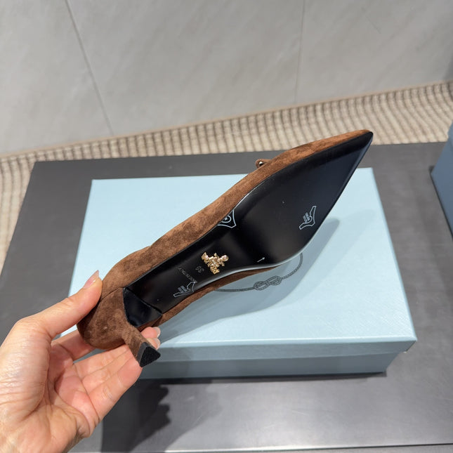 PRADA 26S PUMPS 55MM IN BROWN SUEDE WITH LOGO