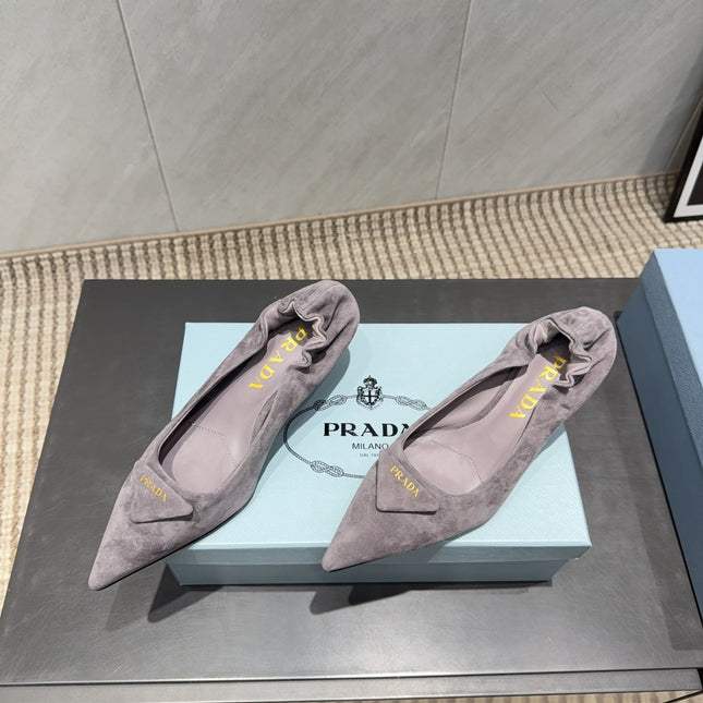 PRADA 26S PUMPS 55MM IN TAUPE BROWN SUEDE WITH LOGO