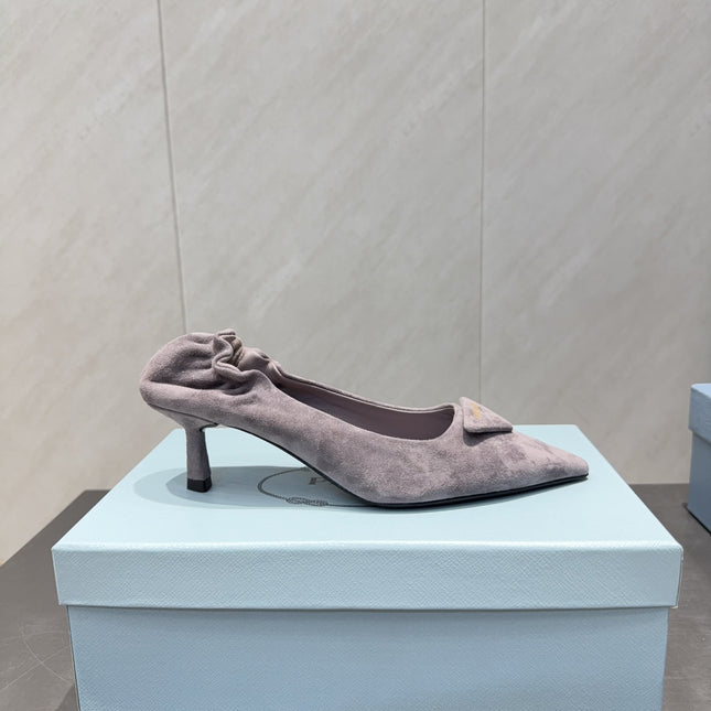 PRADA 26S PUMPS 55MM IN TAUPE BROWN SUEDE WITH LOGO