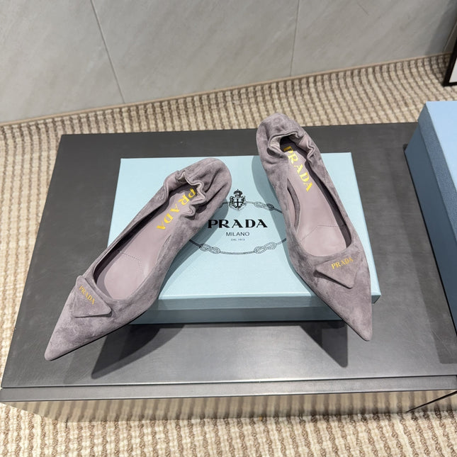 PRADA 26S PUMPS 55MM IN TAUPE BROWN SUEDE WITH LOGO
