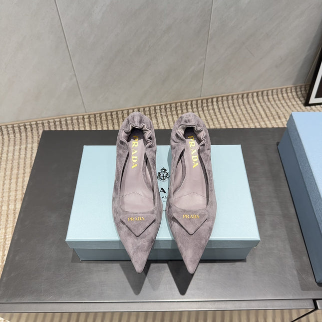 PRADA 26S PUMPS 55MM IN TAUPE BROWN SUEDE WITH LOGO