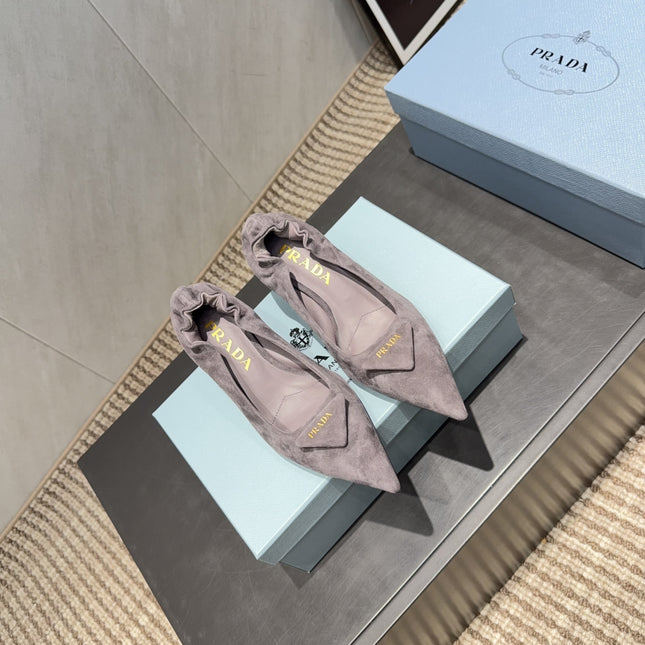PRADA 26S PUMPS 55MM IN TAUPE BROWN SUEDE WITH LOGO