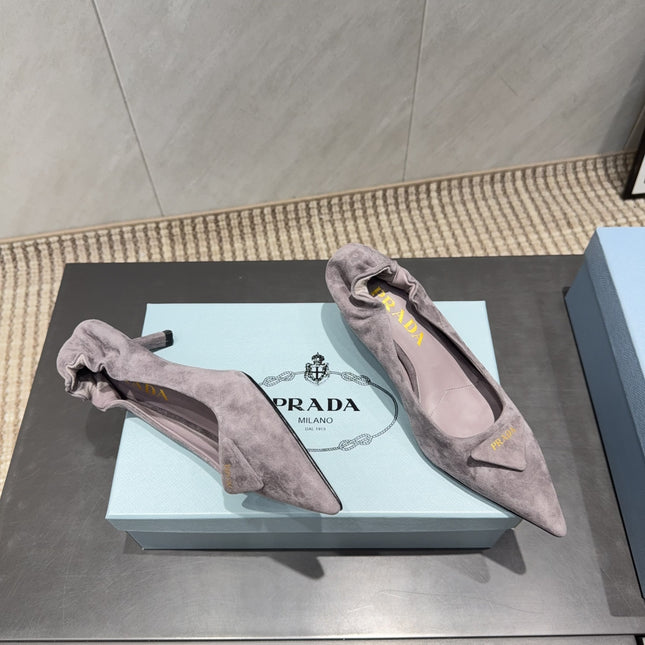 PRADA 26S PUMPS 55MM IN TAUPE BROWN SUEDE WITH LOGO