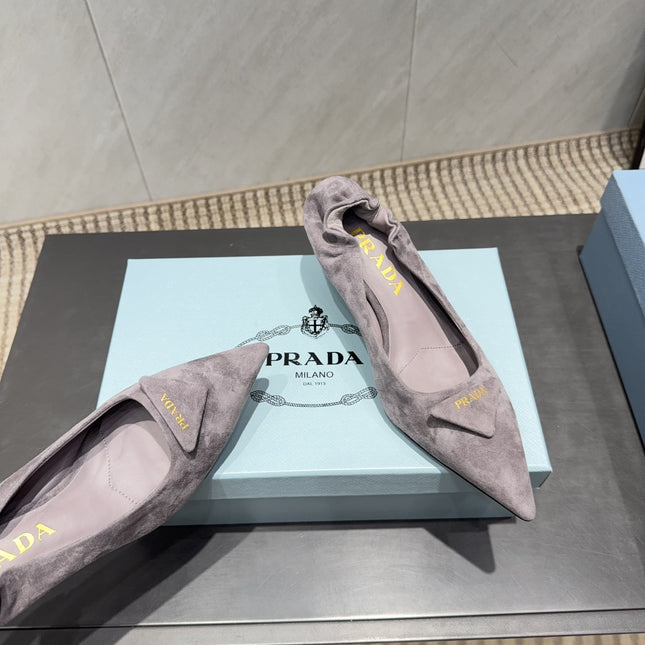 PRADA 26S PUMPS 55MM IN TAUPE BROWN SUEDE WITH LOGO
