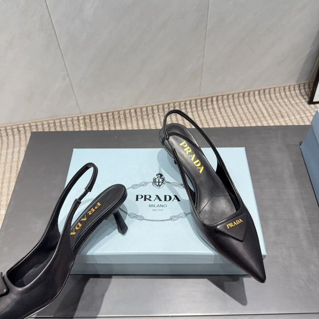 PRADA 26S POINTED TOE SLINGBACK HIGH HEELS 55MM IN BLACK SHEEPSKIN WITH LOGO