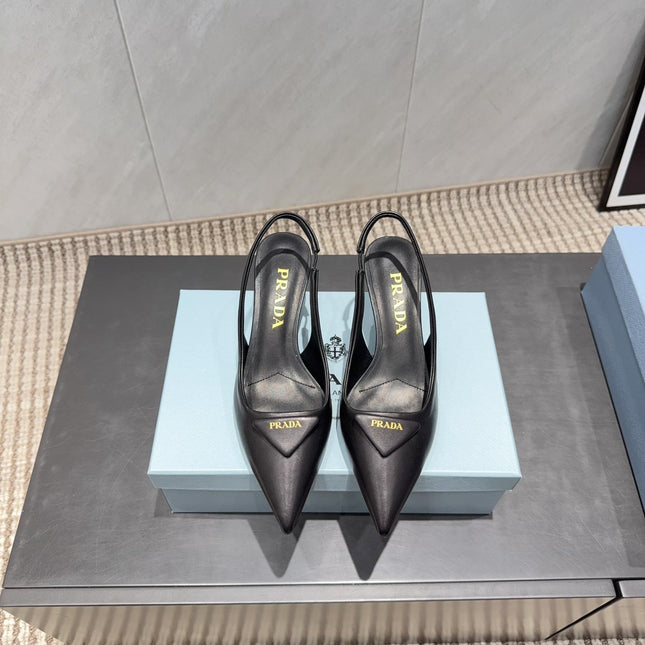 PRADA 26S POINTED TOE SLINGBACK HIGH HEELS 55MM IN BLACK SHEEPSKIN WITH LOGO