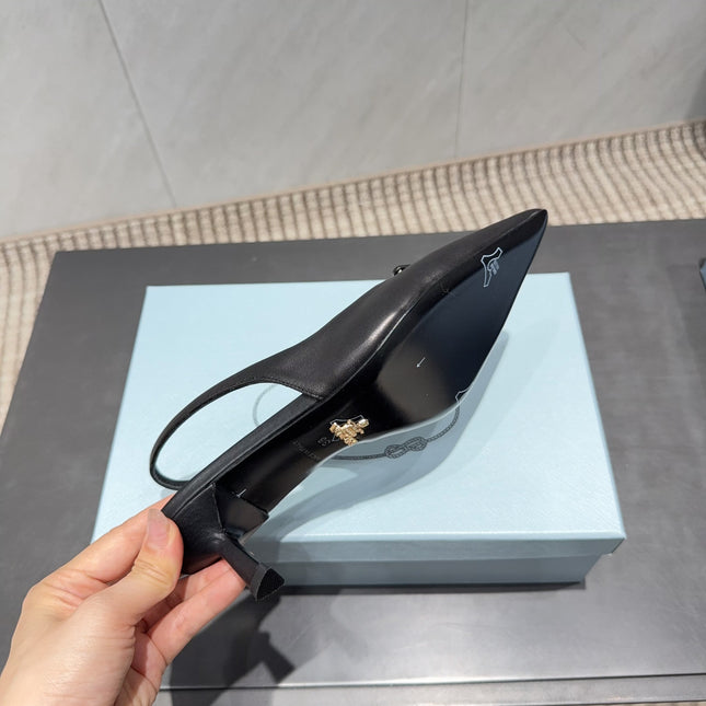 PRADA 26S POINTED TOE SLINGBACK HIGH HEELS 55MM IN BLACK SHEEPSKIN WITH LOGO
