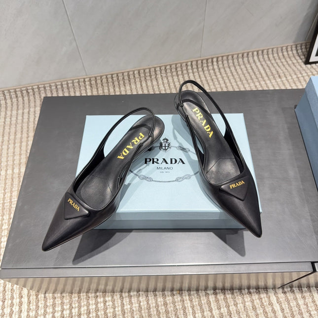 PRADA 26S POINTED TOE SLINGBACK HIGH HEELS 55MM IN BLACK SHEEPSKIN WITH LOGO