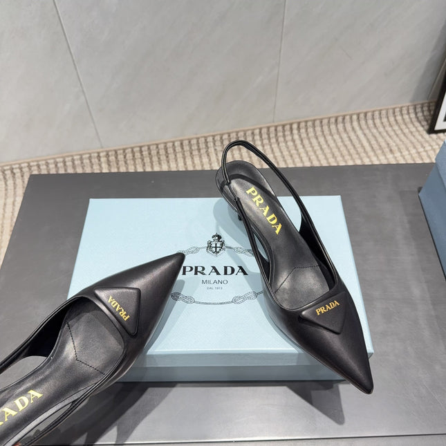 PRADA 26S POINTED TOE SLINGBACK HIGH HEELS 55MM IN BLACK SHEEPSKIN WITH LOGO