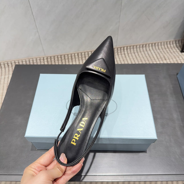 PRADA 26S POINTED TOE SLINGBACK HIGH HEELS 55MM IN BLACK SHEEPSKIN WITH LOGO