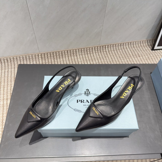 PRADA 26S POINTED TOE SLINGBACK HIGH HEELS 55MM IN BLACK SHEEPSKIN WITH LOGO