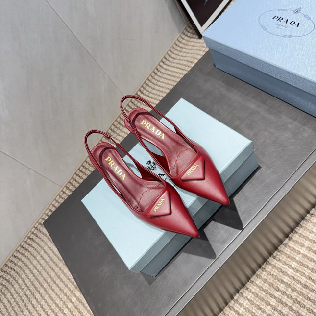 PRADA 26S POINTED TOE SLINGBACK HIGH HEELS 55MM IN DEEP WINE RED SHEEPSKIN WITH LOGO