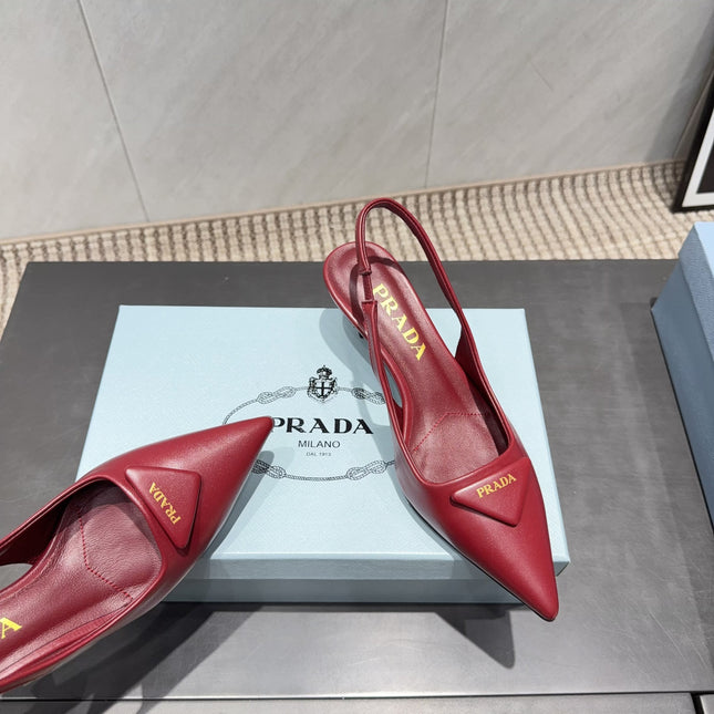 PRADA 26S POINTED TOE SLINGBACK HIGH HEELS 55MM IN DEEP WINE RED SHEEPSKIN WITH LOGO