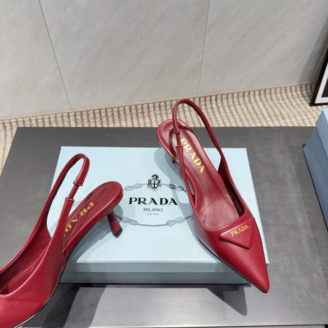 PRADA 26S POINTED TOE SLINGBACK HIGH HEELS 55MM IN DEEP WINE RED SHEEPSKIN WITH LOGO