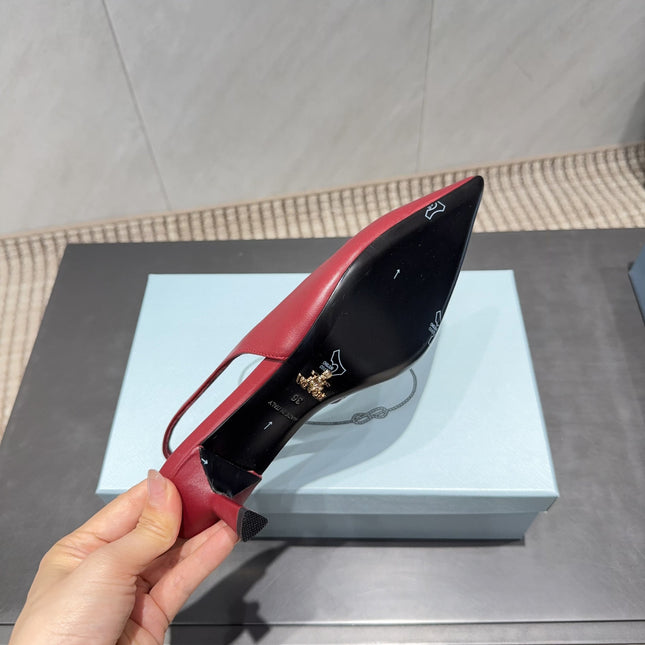 PRADA 26S POINTED TOE SLINGBACK HIGH HEELS 55MM IN DEEP WINE RED SHEEPSKIN WITH LOGO