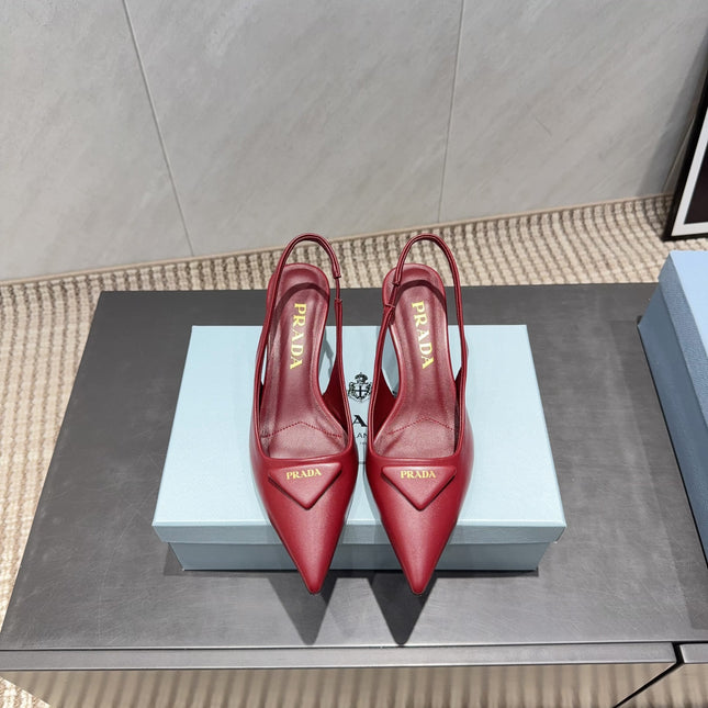 PRADA 26S POINTED TOE SLINGBACK HIGH HEELS 55MM IN DEEP WINE RED SHEEPSKIN WITH LOGO