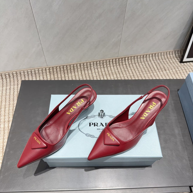 PRADA 26S POINTED TOE SLINGBACK HIGH HEELS 55MM IN DEEP WINE RED SHEEPSKIN WITH LOGO