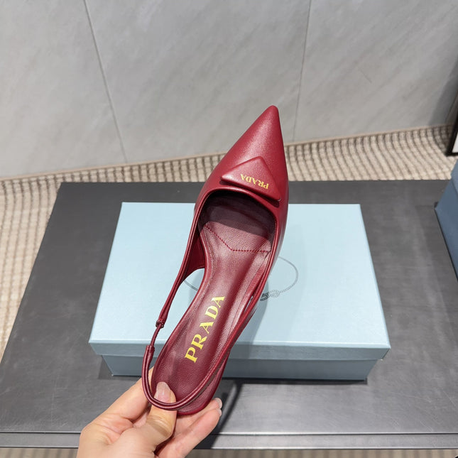 PRADA 26S POINTED TOE SLINGBACK HIGH HEELS 55MM IN DEEP WINE RED SHEEPSKIN WITH LOGO