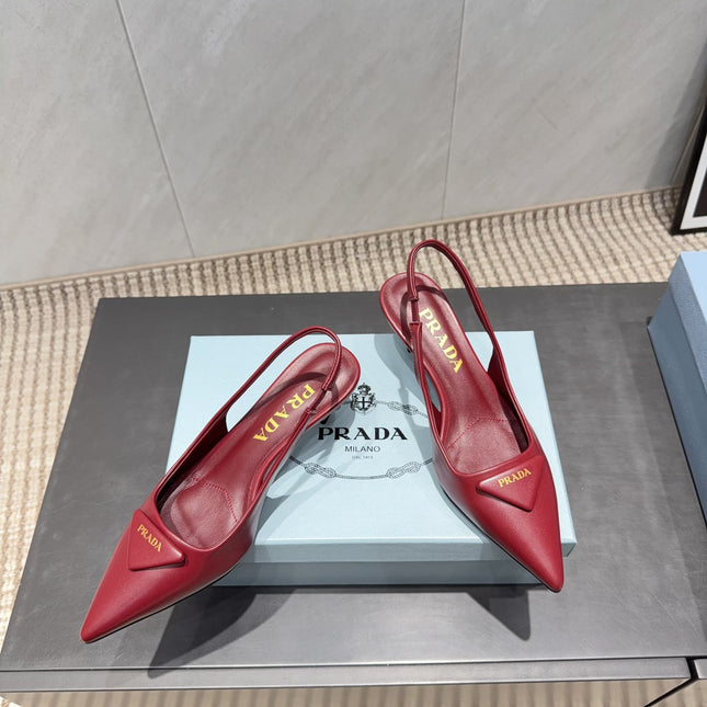 PRADA 26S POINTED TOE SLINGBACK HIGH HEELS 55MM IN DEEP WINE RED SHEEPSKIN WITH LOGO