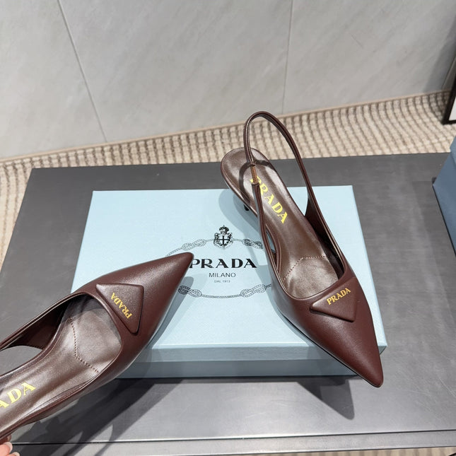 PRADA 26S POINTED TOE SLINGBACK HIGH HEELS 55MM IN DARK BROWN SHEEPSKIN WITH LOGO