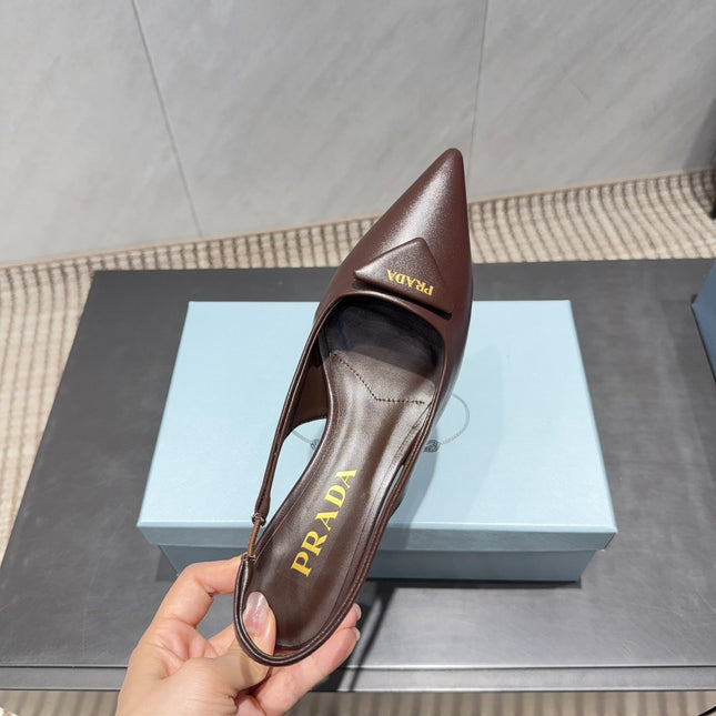 PRADA 26S POINTED TOE SLINGBACK HIGH HEELS 55MM IN DARK BROWN SHEEPSKIN WITH LOGO