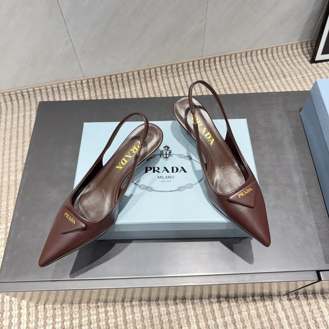 PRADA 26S POINTED TOE SLINGBACK HIGH HEELS 55MM IN DARK BROWN SHEEPSKIN WITH LOGO