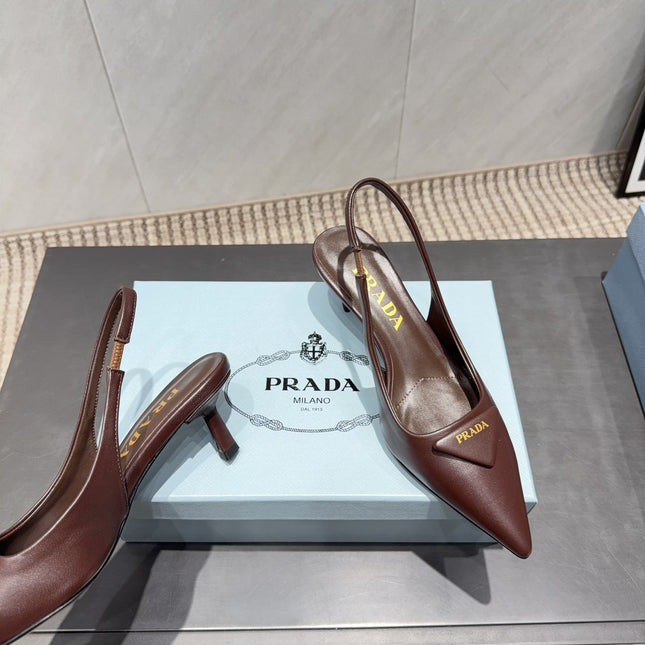PRADA 26S POINTED TOE SLINGBACK HIGH HEELS 55MM IN DARK BROWN SHEEPSKIN WITH LOGO