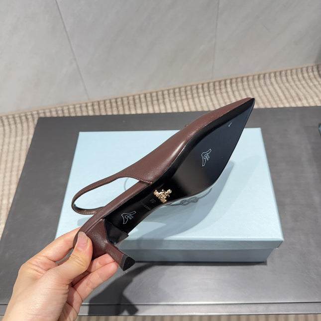 PRADA 26S POINTED TOE SLINGBACK HIGH HEELS 55MM IN DARK BROWN SHEEPSKIN WITH LOGO