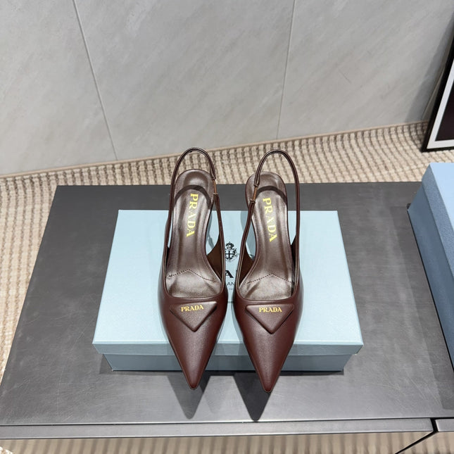 PRADA 26S POINTED TOE SLINGBACK HIGH HEELS 55MM IN DARK BROWN SHEEPSKIN WITH LOGO