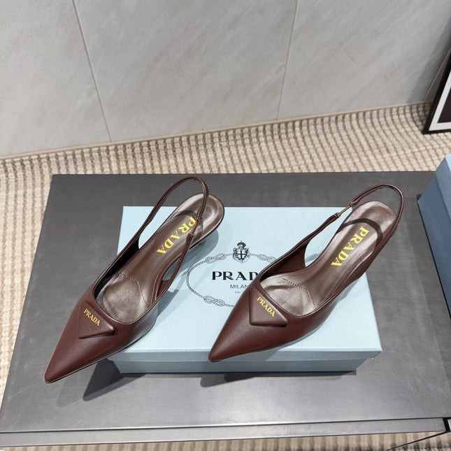 PRADA 26S POINTED TOE SLINGBACK HIGH HEELS 55MM IN DARK BROWN SHEEPSKIN WITH LOGO