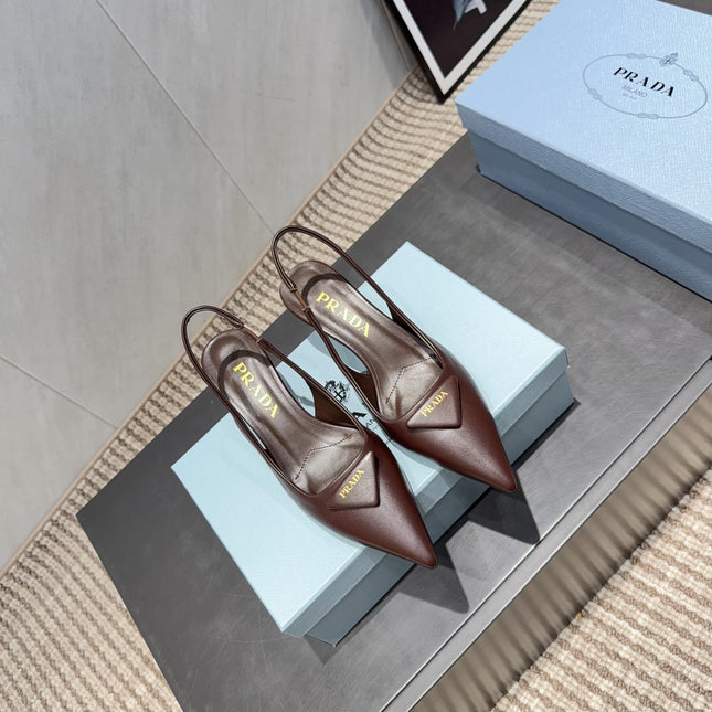 PRADA 26S POINTED TOE SLINGBACK HIGH HEELS 55MM IN DARK BROWN SHEEPSKIN WITH LOGO