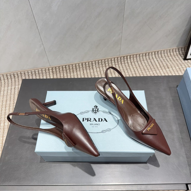PRADA 26S POINTED TOE SLINGBACK HIGH HEELS 55MM IN DARK BROWN SHEEPSKIN WITH LOGO