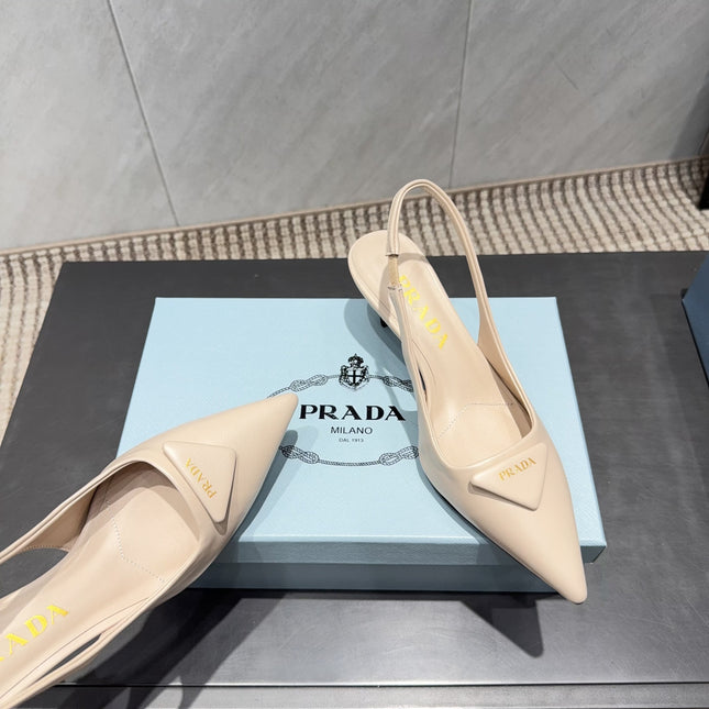 PRADA 26S POINTED TOE SLINGBACK HIGH HEELS 55MM IN NUDE SHEEPSKIN WITH LOGO