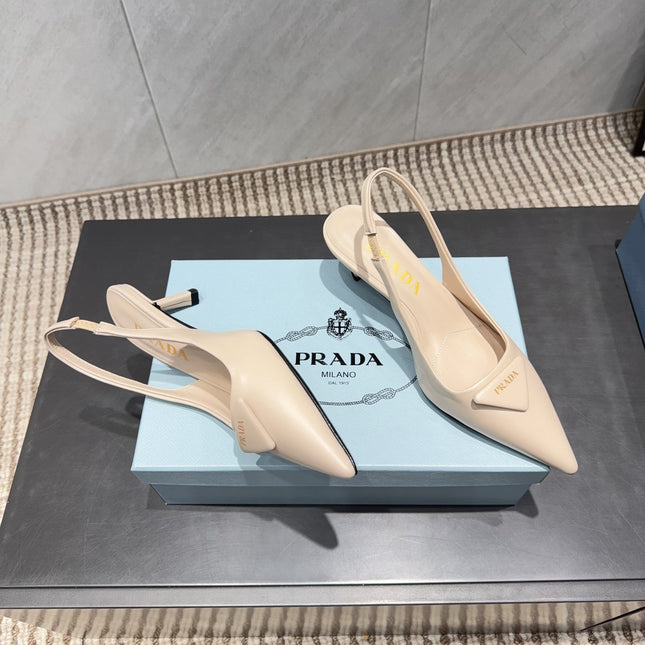 PRADA 26S POINTED TOE SLINGBACK HIGH HEELS 55MM IN NUDE SHEEPSKIN WITH LOGO