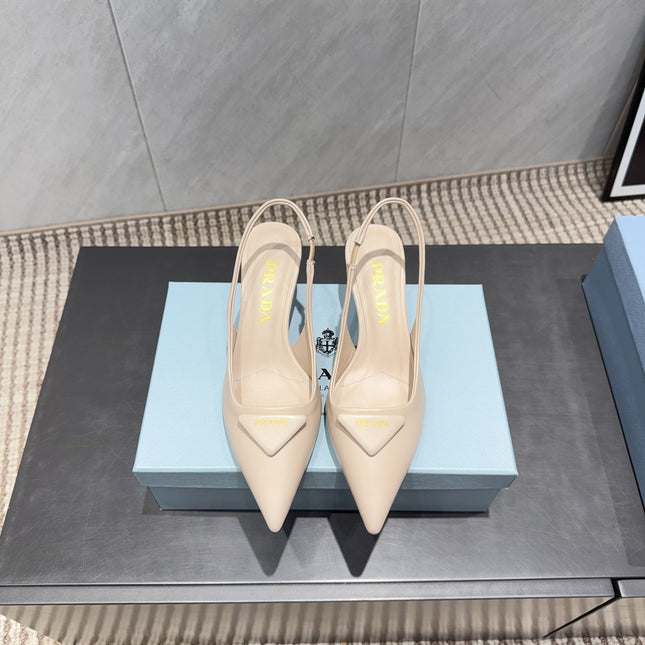 PRADA 26S POINTED TOE SLINGBACK HIGH HEELS 55MM IN NUDE SHEEPSKIN WITH LOGO