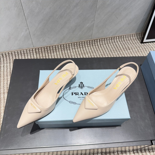 PRADA 26S POINTED TOE SLINGBACK HIGH HEELS 55MM IN NUDE SHEEPSKIN WITH LOGO