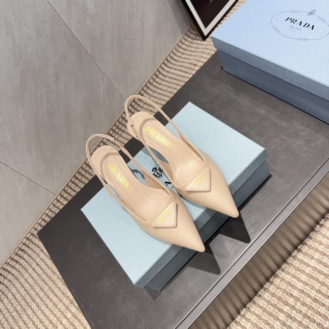 PRADA 26S POINTED TOE SLINGBACK HIGH HEELS 55MM IN NUDE SHEEPSKIN WITH LOGO