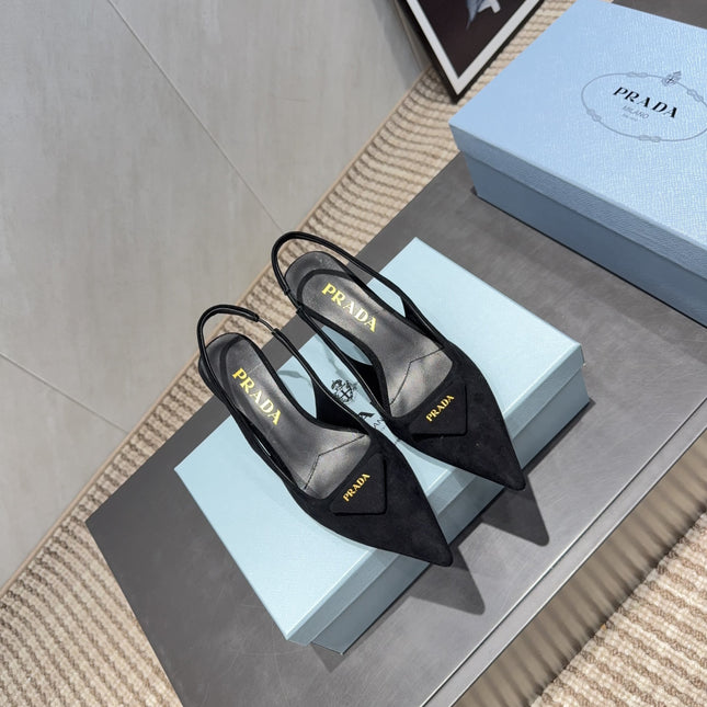 PRADA 26S POINTED TOE SLINGBACK HIGH HEELS 55MM IN BLACK SUEDE WITH LOGO