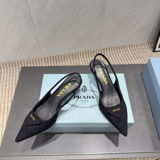 PRADA 26S POINTED TOE SLINGBACK HIGH HEELS 55MM IN BLACK SUEDE WITH LOGO