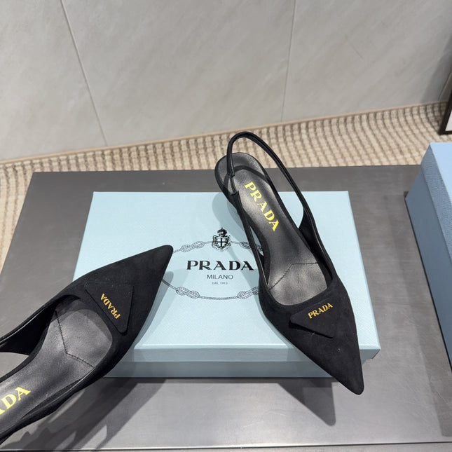 PRADA 26S POINTED TOE SLINGBACK HIGH HEELS 55MM IN BLACK SUEDE WITH LOGO