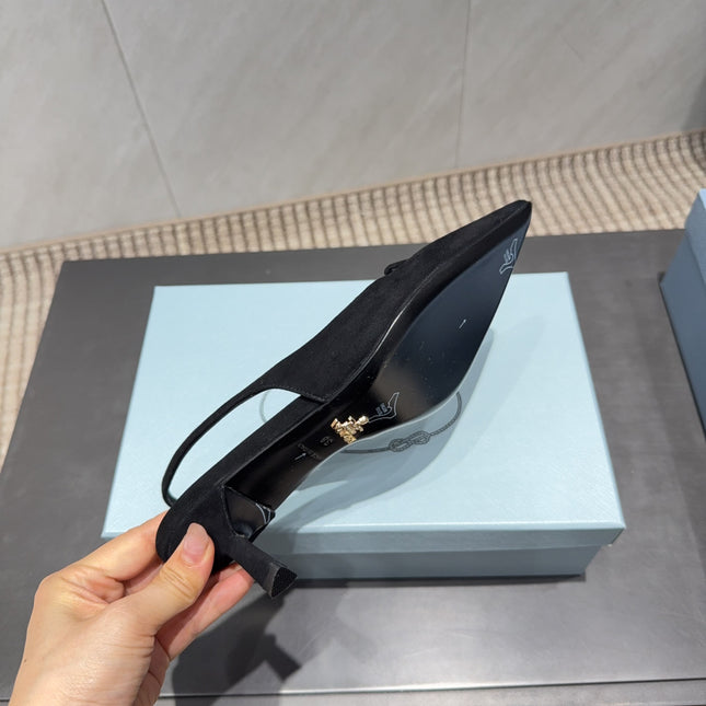 PRADA 26S POINTED TOE SLINGBACK HIGH HEELS 55MM IN BLACK SUEDE WITH LOGO