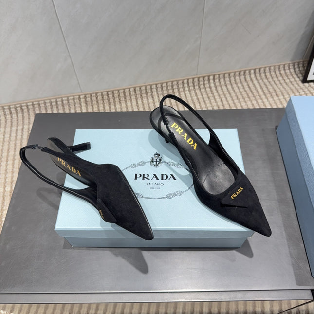 PRADA 26S POINTED TOE SLINGBACK HIGH HEELS 55MM IN BLACK SUEDE WITH LOGO