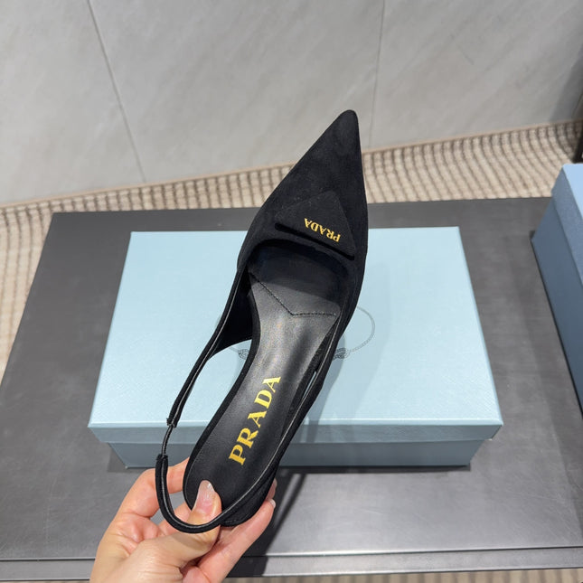PRADA 26S POINTED TOE SLINGBACK HIGH HEELS 55MM IN BLACK SUEDE WITH LOGO