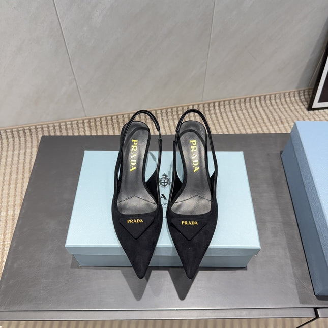 PRADA 26S POINTED TOE SLINGBACK HIGH HEELS 55MM IN BLACK SUEDE WITH LOGO