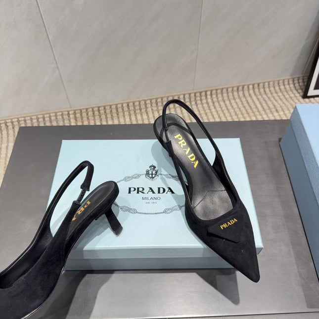 PRADA 26S POINTED TOE SLINGBACK HIGH HEELS 55MM IN BLACK SUEDE WITH LOGO