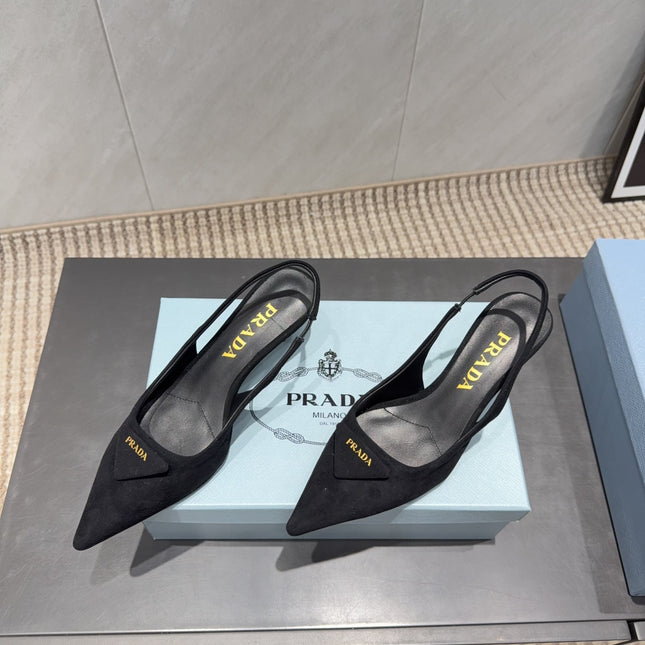 PRADA 26S POINTED TOE SLINGBACK HIGH HEELS 55MM IN BLACK SUEDE WITH LOGO